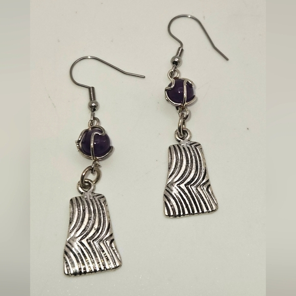 Vintage Natural Amethyst Sphere Wire Wrap Cage Dangle Earrings Silver - Picture 4 of 5